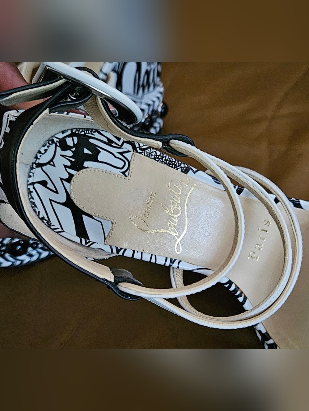 Christian Louboutin Black & White Graffiti Wedge Buckle Sandals Size 5 US - Picture 11 of 16
